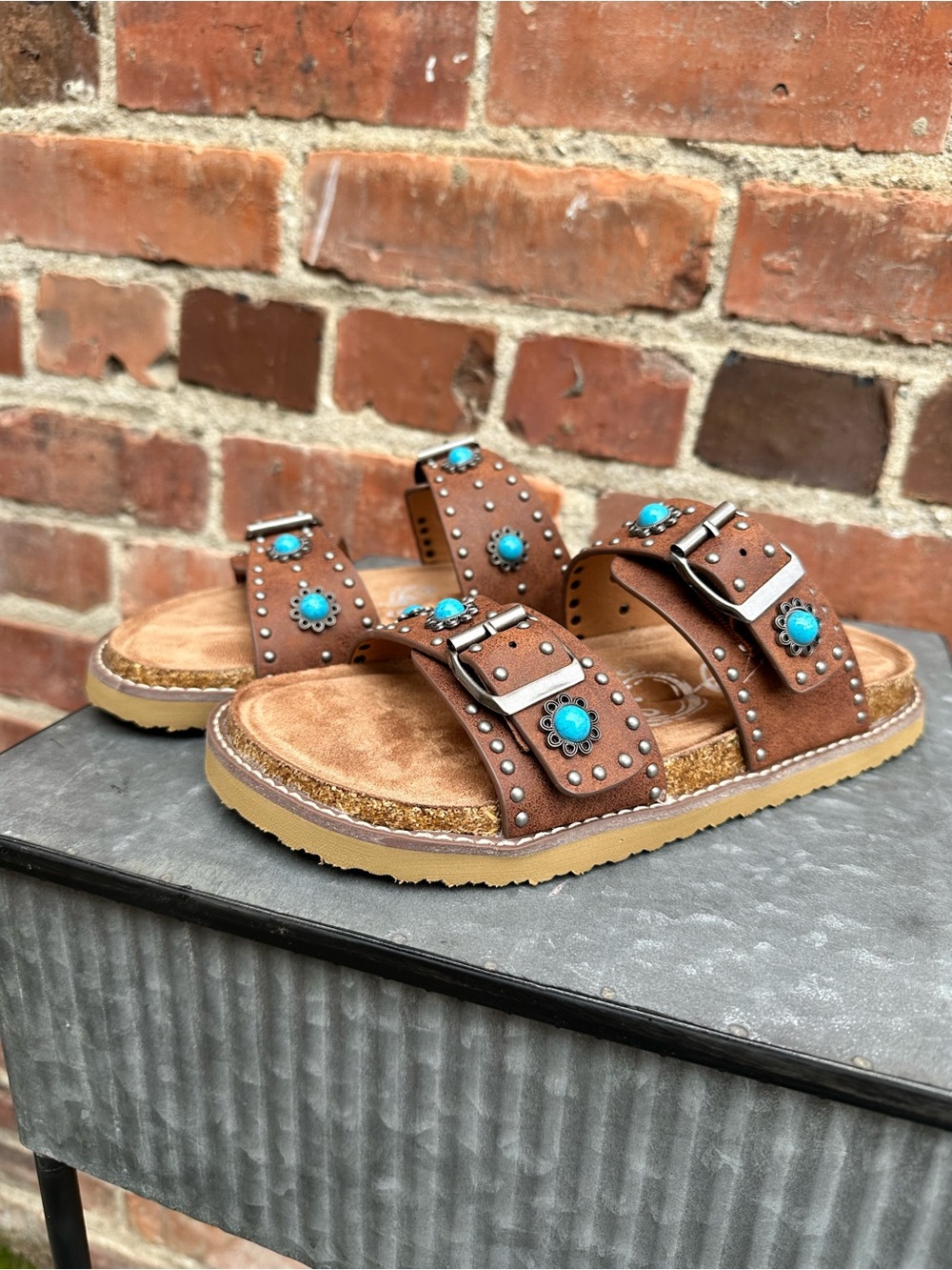 NEW Very G Brown Adjustable Slide Sandals with Turquoise Accents